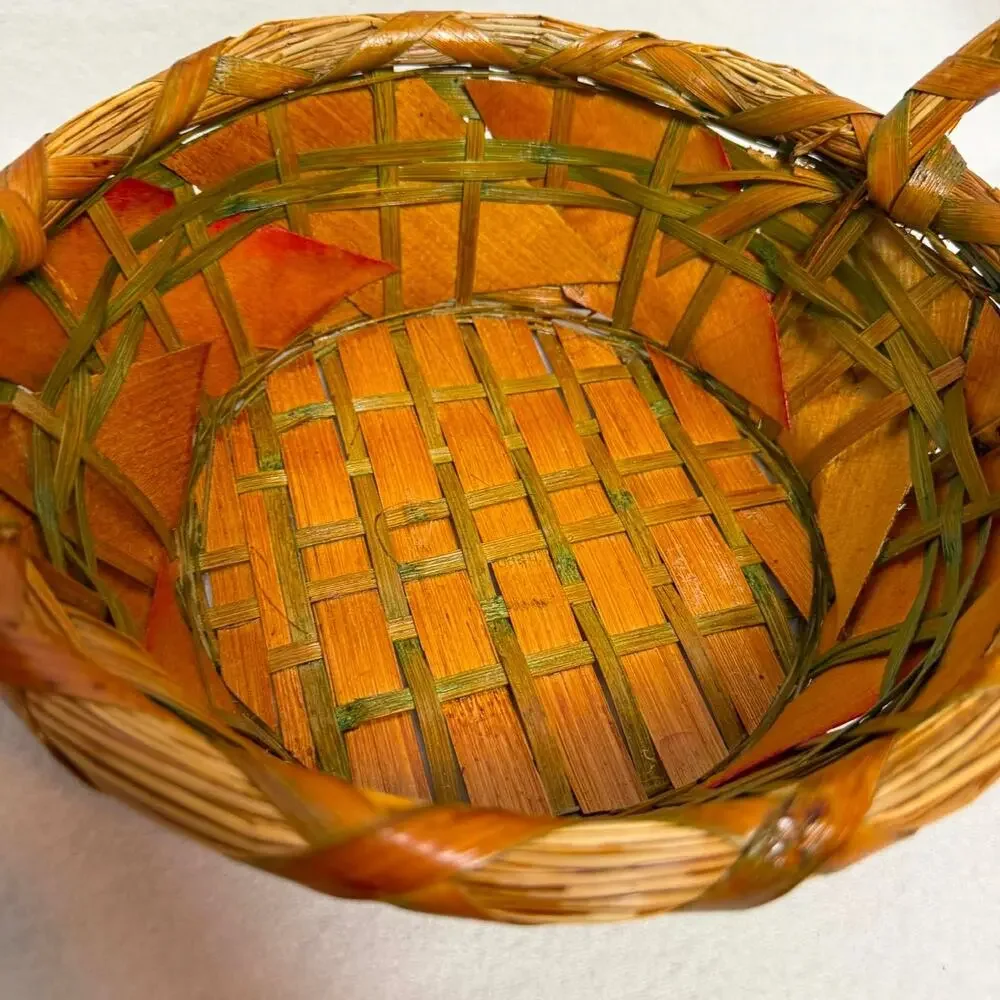 Vintage Woven Wicker Oval Basket With Handles Boho Farmhouse Country Decor